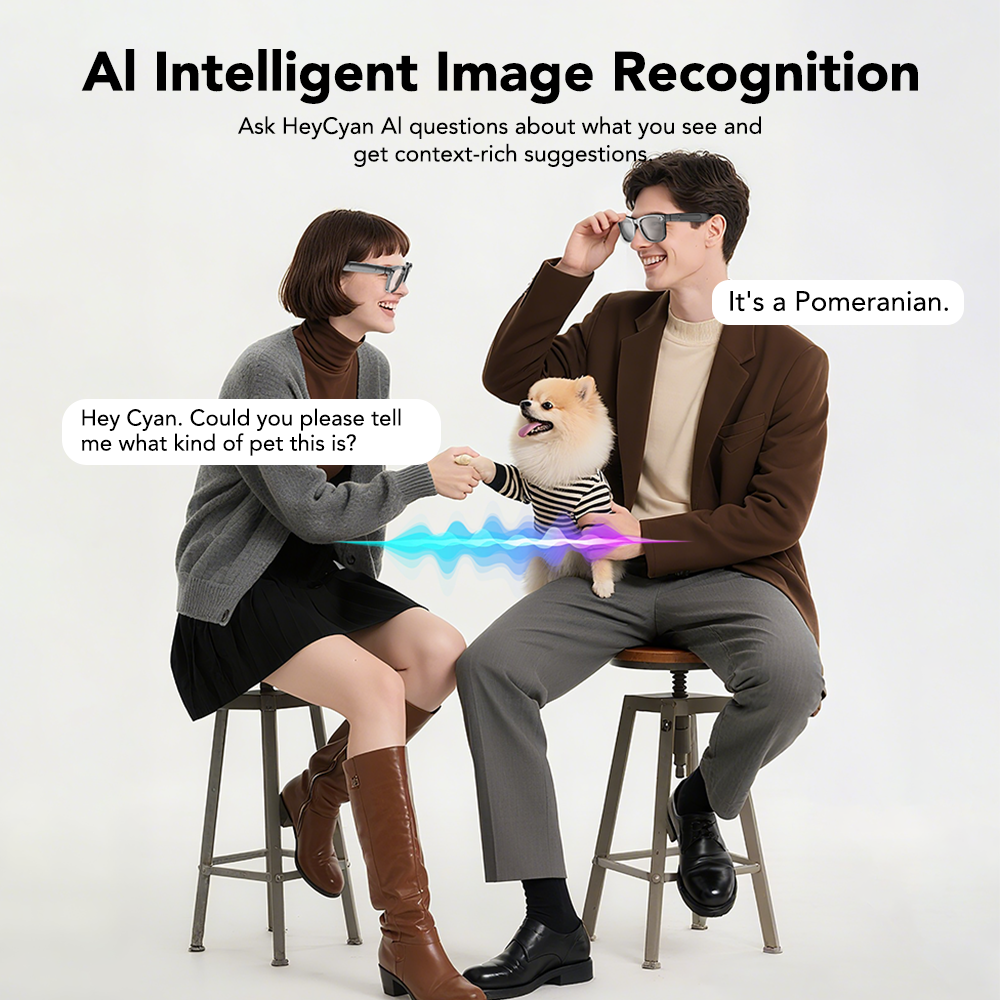 AG01 AI smart glasses featuring real-time image recognition and visual AI assistance for identifying objects and answering questions