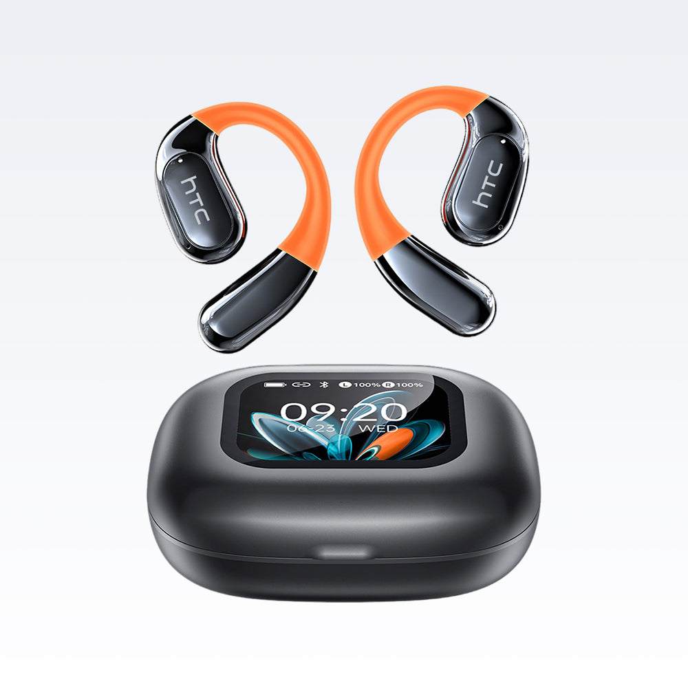 HTC wireless Bluetooth earbuds with AI real-time translation in 135 languages and open-ear comfort design
