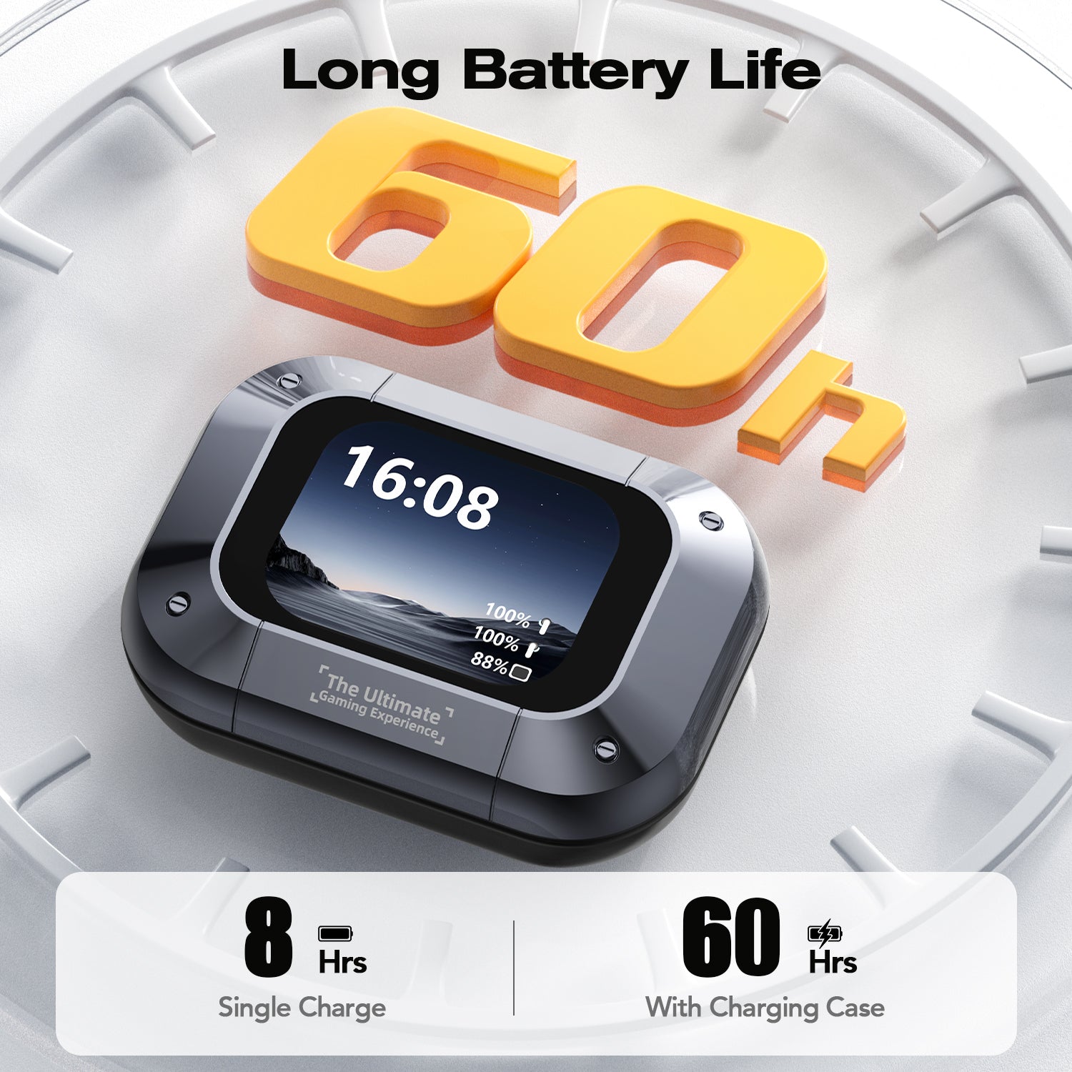 HTC NE25 AI wireless translation earbuds showing 60-hour long battery life and smart charging case.