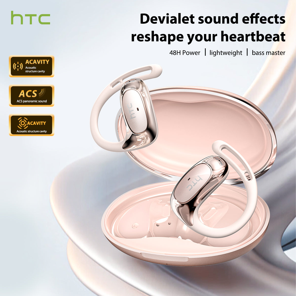 HTC NE35 open-ear wireless earphones with adjustable ear hooks, Devialet-inspired immersive sound, lightweight design, and 48-hour battery life.