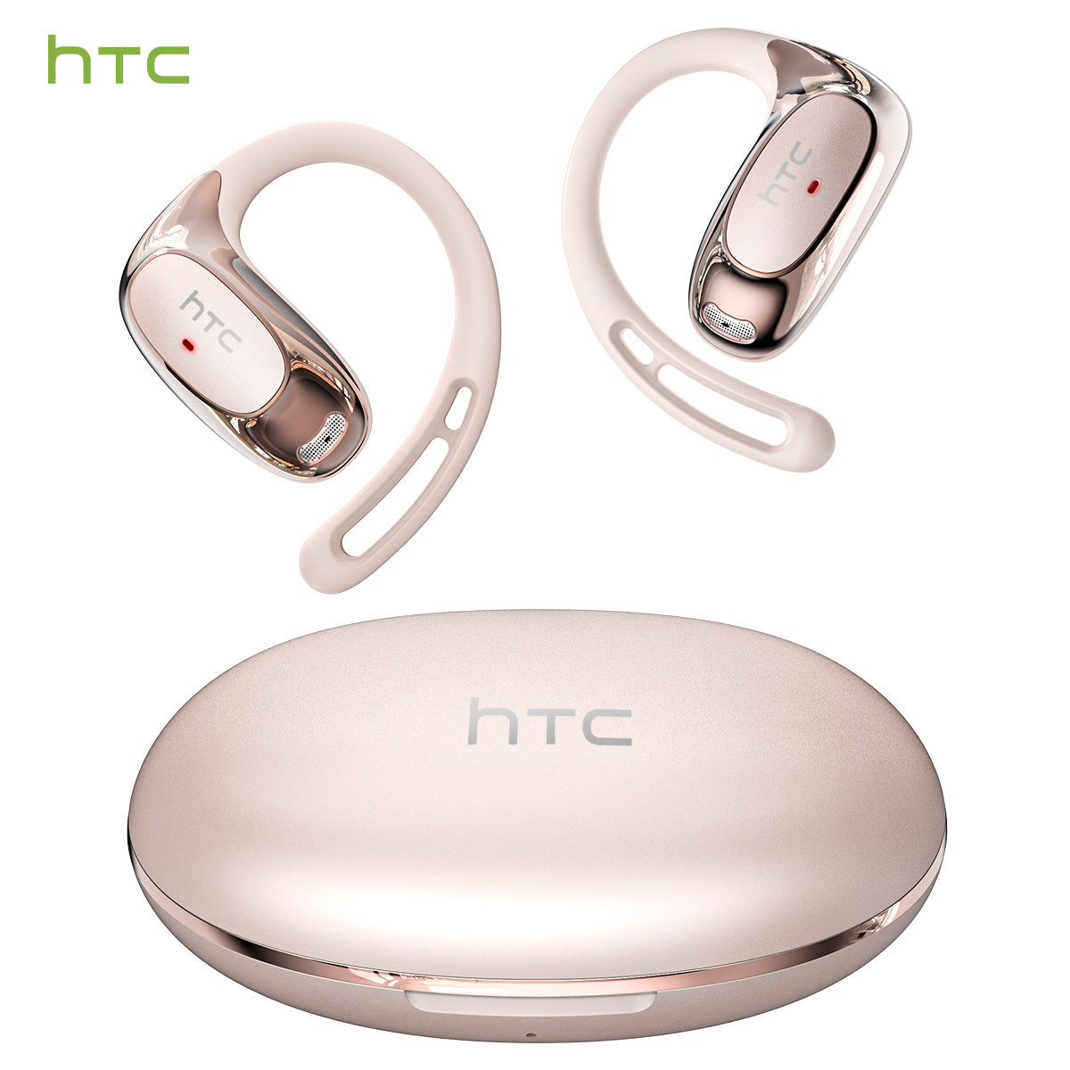 HTC NE35 pink open-ear wireless earphones with adjustable ear hooks and ergonomic lightweight design.