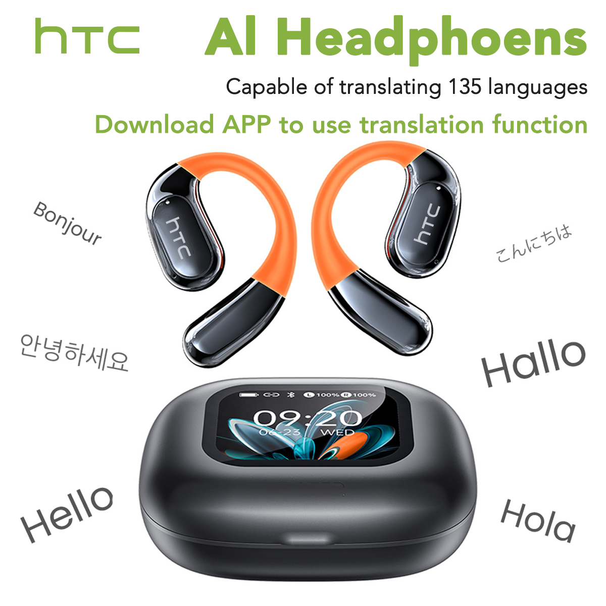 HTC AI translation wireless Bluetooth earbuds supporting 135 languages with open-ear design and smart touchscreen charging case
