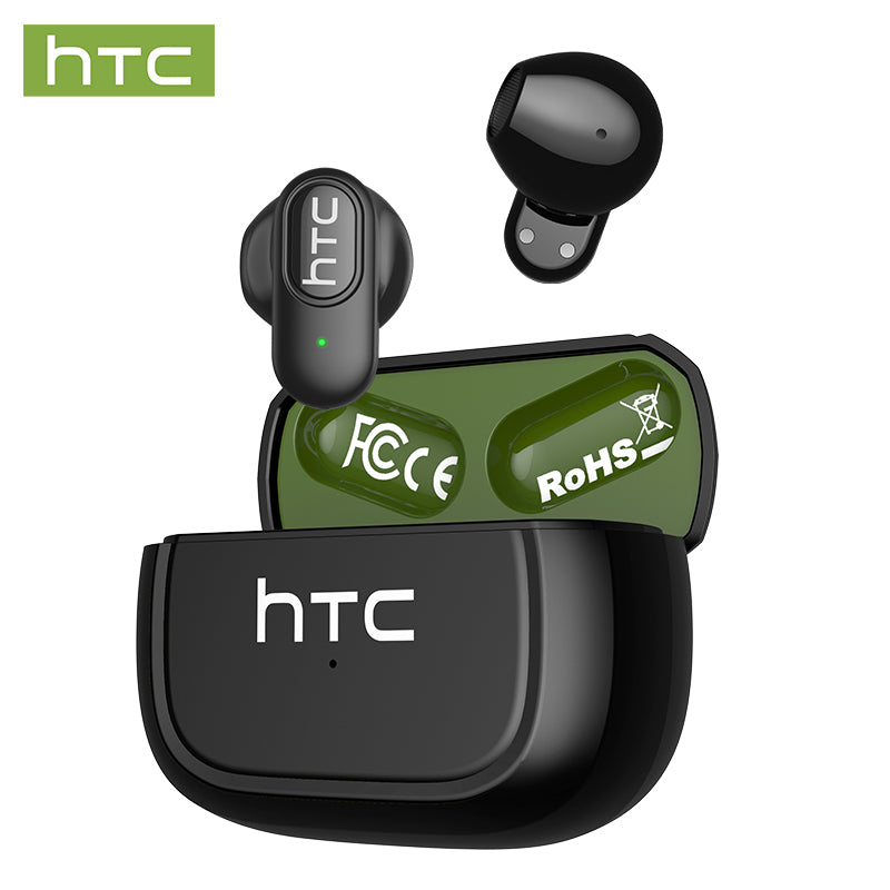 HTC NE51 wireless Bluetooth earbuds in green and black with AI translation, 360° surround sound, and ergonomic comfort