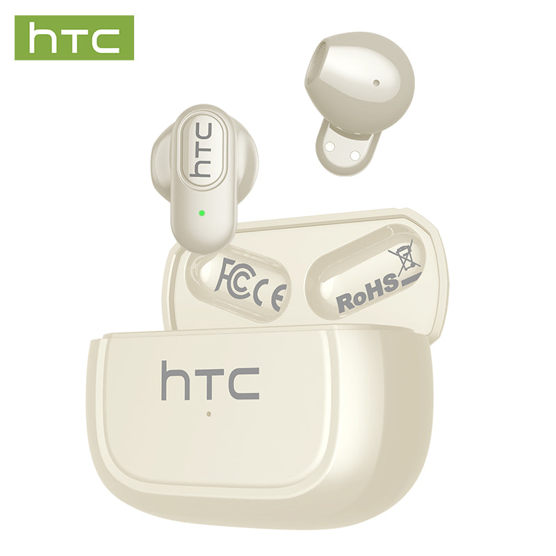 HTC NE51 wireless Bluetooth earbuds in white featuring AI translation and comfortable fit