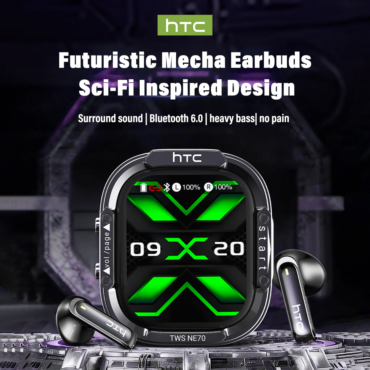 HTC NE70 Wireless Earphones with Futuristic Mecha Earbuds, Sci-Fi Inspired Design