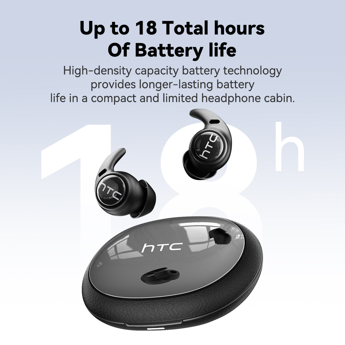HTC NE76 sleep earbuds featuring up to 18 hours of battery life and fast charging for uninterrupted wireless audio