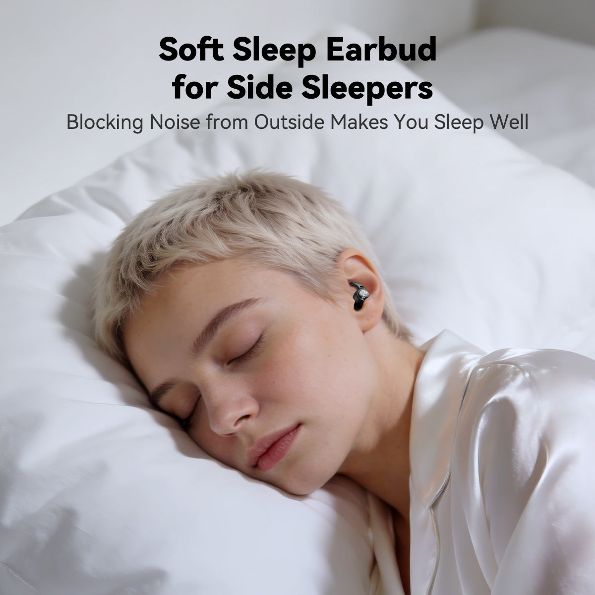 HTC NE76 wireless sleep earbuds designed for side sleepers to reduce outside noise and improve sleep comfort