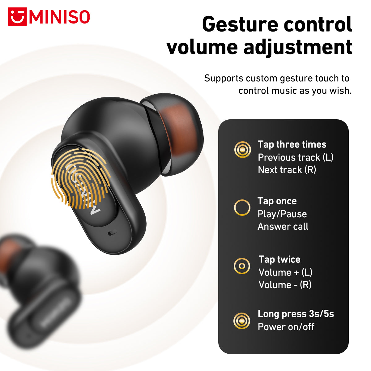 MINISO MS105 Wireless Earbuds with Smart Touch Controls for Music Calls and Volume Adjustment