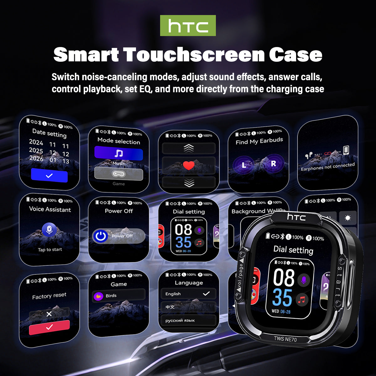 HTC NE70 Wireless Earphones with Smart Touchscreen Charging Case Close-up Detail