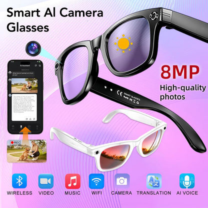 AG01 Smart AI Camera Glasses featuring an 8MP camera, hands-free video recording, AI voice assistant, live translation, and wireless audio