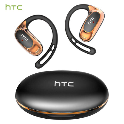 HTC NE35 black open-ear wireless earphones with adjustable ear hooks and ergonomic lightweight design.