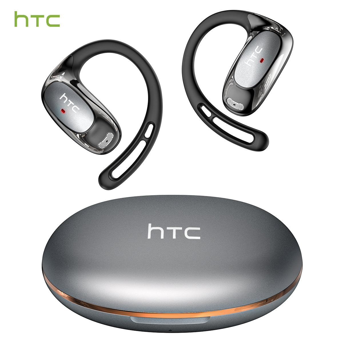 HTC NE35 gray open-ear wireless earphones with adjustable ear hooks and ergonomic lightweight design.
