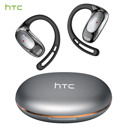 HTC NE35 gray open-ear wireless earphones with adjustable ear hooks and ergonomic lightweight design.