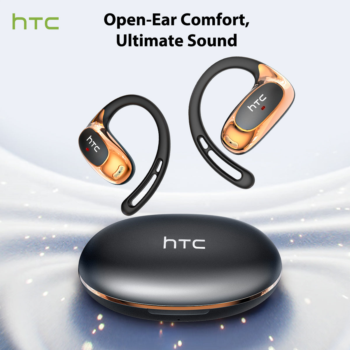 HTC NE35 open-ear wireless earphones deliver all-day comfort with an ergonomic open-ear design and immersive high-quality sound.