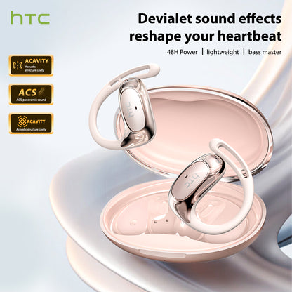 HTC NE35 open-ear wireless earphones with adjustable ear hooks, Devialet-inspired immersive sound, lightweight design, and 48-hour battery life.