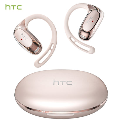 HTC NE35 pink open-ear wireless earphones with adjustable ear hooks and ergonomic lightweight design.