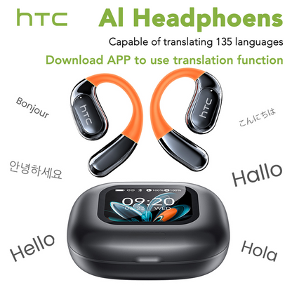 HTC AI translation wireless Bluetooth earbuds supporting 135 languages with open-ear design and smart touchscreen charging case