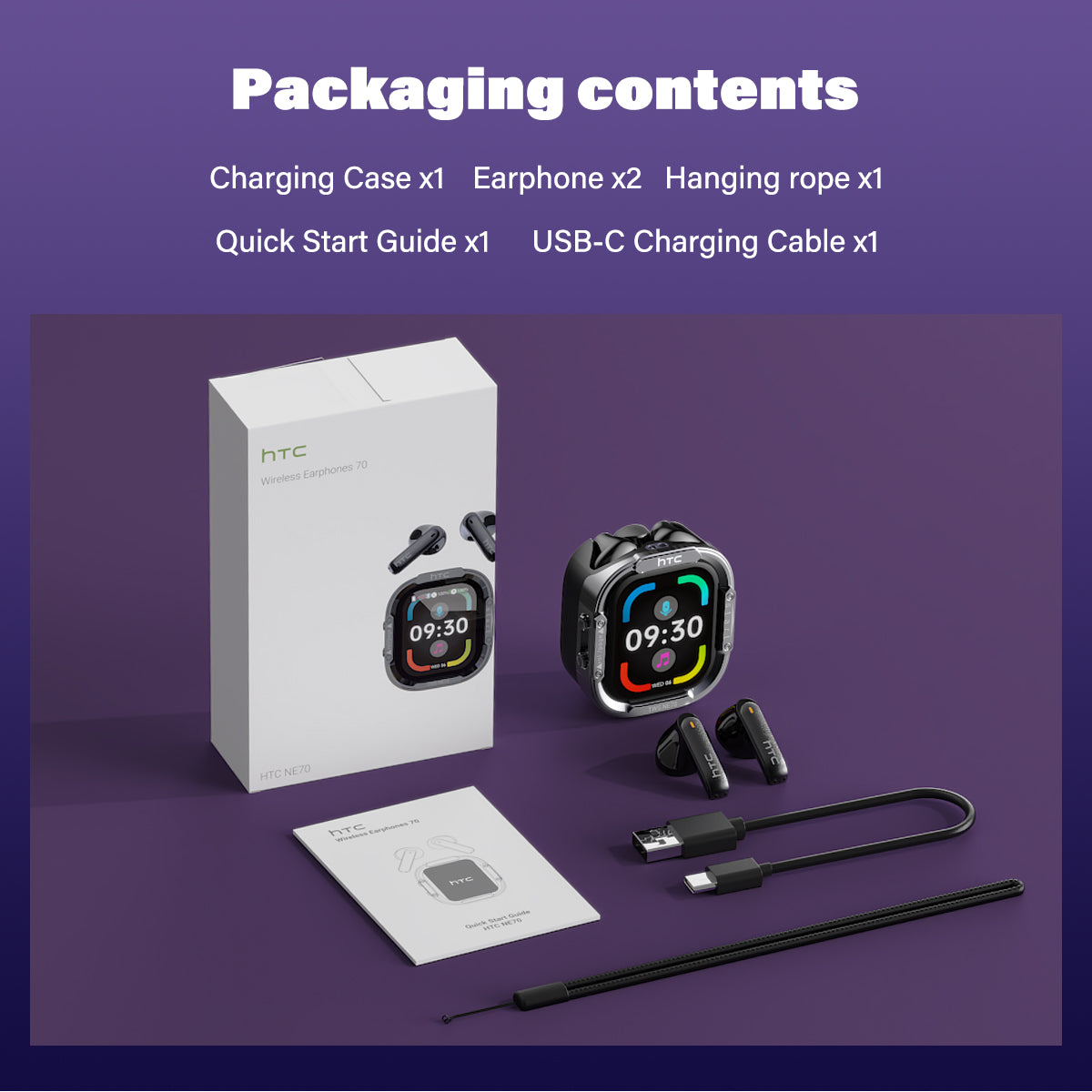 Packaging Box for HTC NE70 Wireless Earphones, includes 1 Charging Case, 2 Earphones, 1 Hanging rope, 1 Quick Start Guide and 1 USB-C Charging Cable