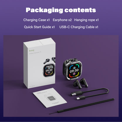 Packaging Box for HTC NE70 Wireless Earphones, includes 1 Charging Case, 2 Earphones, 1 Hanging rope, 1 Quick Start Guide and 1 USB-C Charging Cable