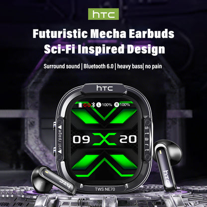 HTC NE70 Wireless Earphones with Futuristic Mecha Earbuds, Sci-Fi Inspired Design