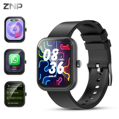 ZNP P01 smart watch featuring ergonomic in-ear AI smart earphones and location tracking, white background.